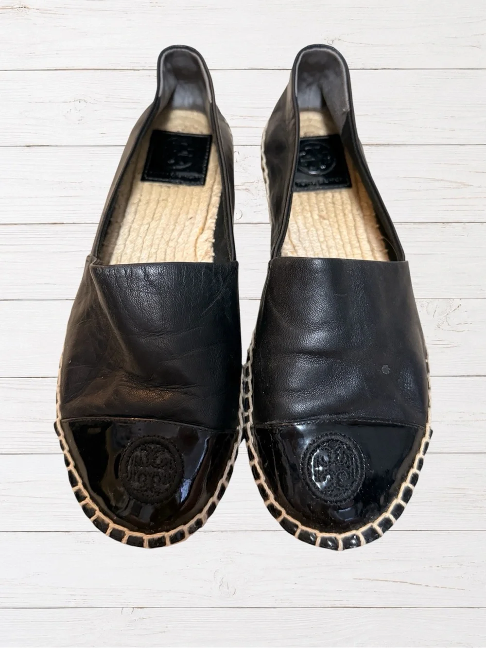Tory Burch Black Leather Patent Cap Toe Espadrille Flats Women’s Size 7